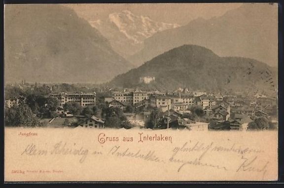Cartoline postali: AK Interlaken, Ortsansicht mit Jungfrau – Usato da Berlin venduto da bartko-reher