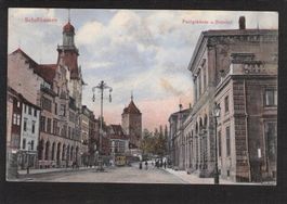 #Schaffhausen , Postgebäude u. Bahnhof , Tram , gel. 1908