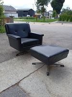 Fauteuil cuir pivotant vintage + pouf en cuir noir, design