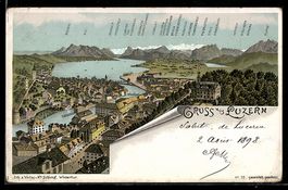 Lithographie Luzern, Ortsansicht mit See und Bergen
