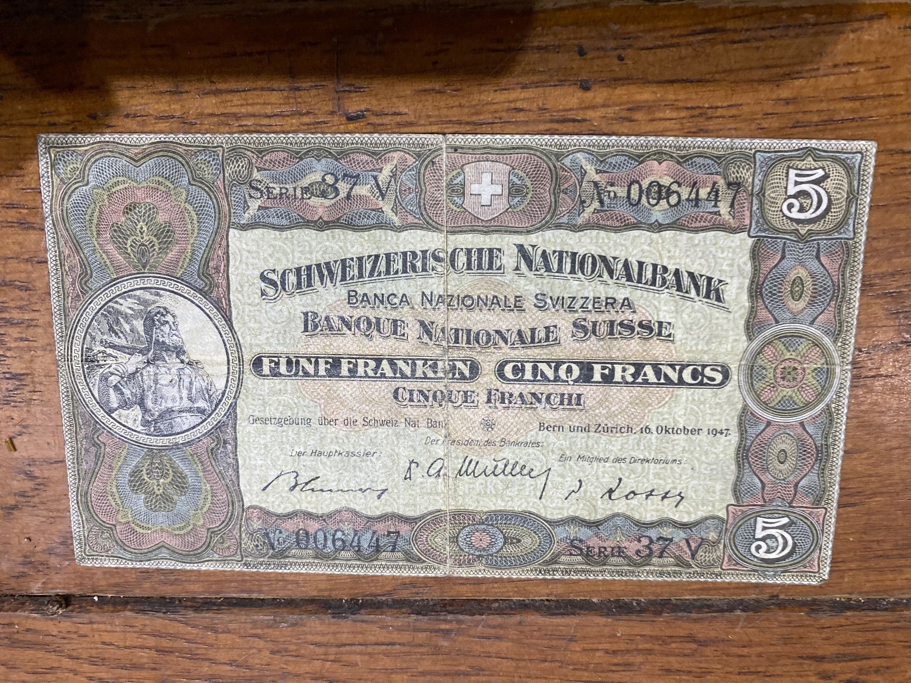 Banknoten: Billet suisse 5fr 16 octobre 1947 – Gebraucht aus Lajoux JU von Briard0