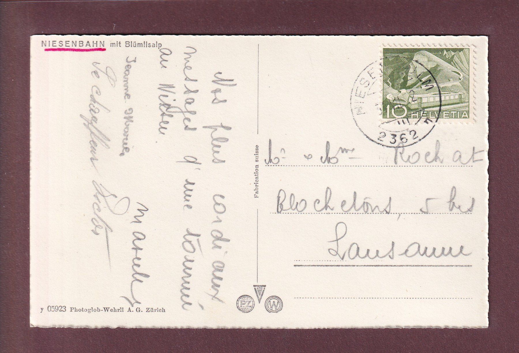 Cartes postales: NIESENBAHN - Blümlisalp - 1952 – D'occasion à Pully par nicecards 1