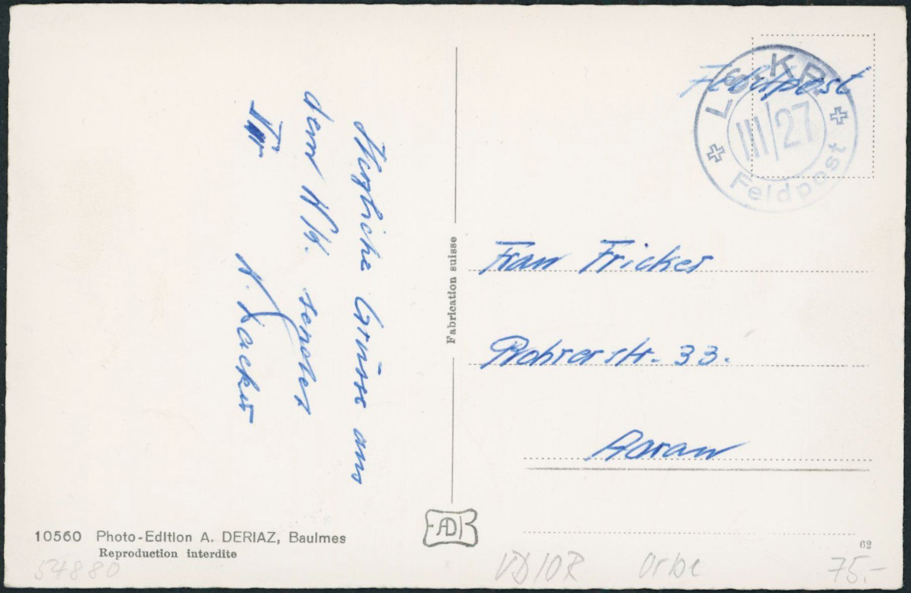 Cartoline postali: VD Les Granges - Orbe - Militärstempel – Usato da Schindellegi venduto da stationary 1
