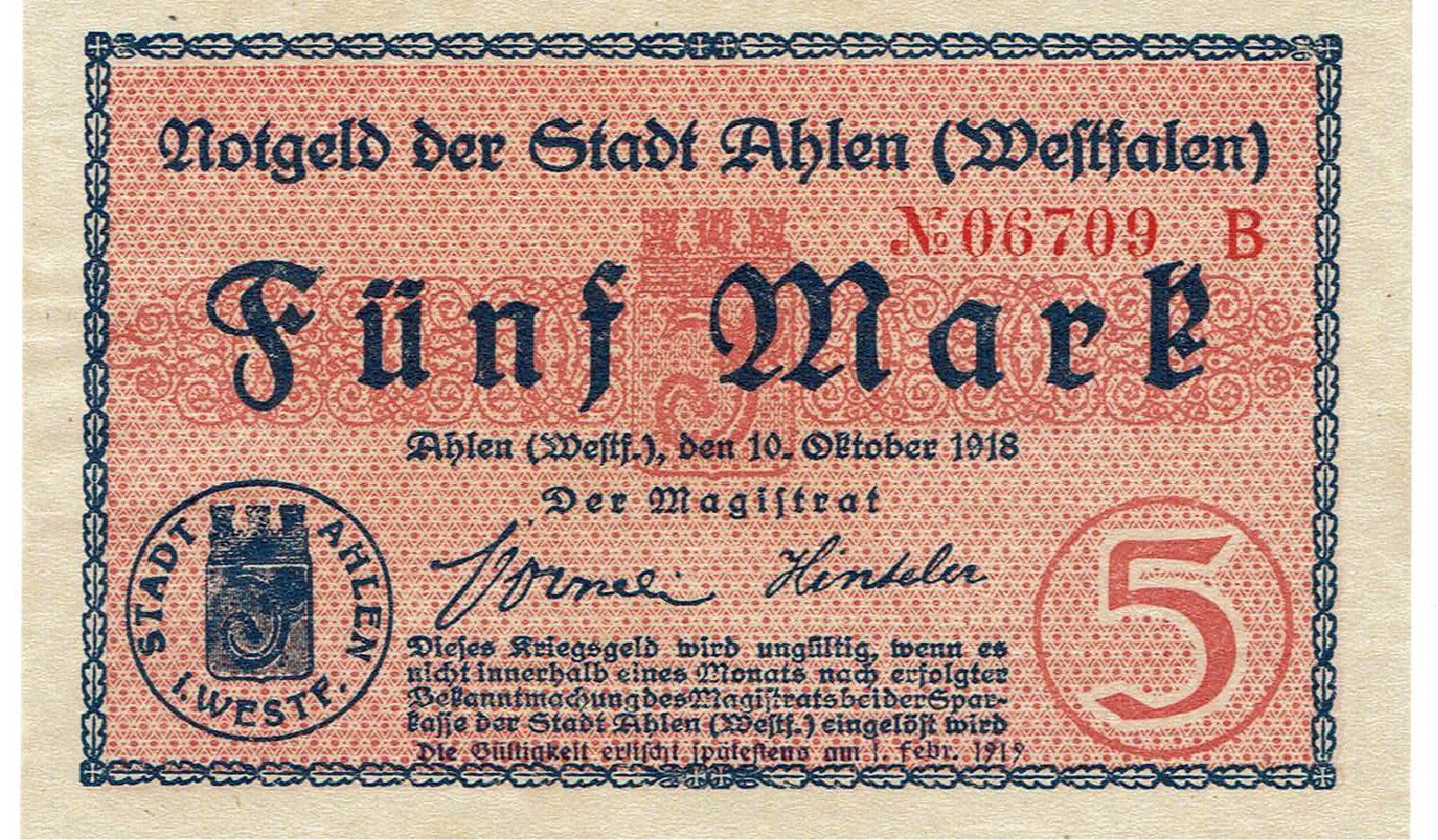 Banconote: Ahlen 5 Mark+Stempel 10.10.1918 VZ++-UNZ – Usato da Steffisburg venduto da ber_8htf