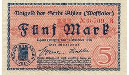 Ahlen 5 Mark+Stempel 10.10.1918 VZ++-UNZ