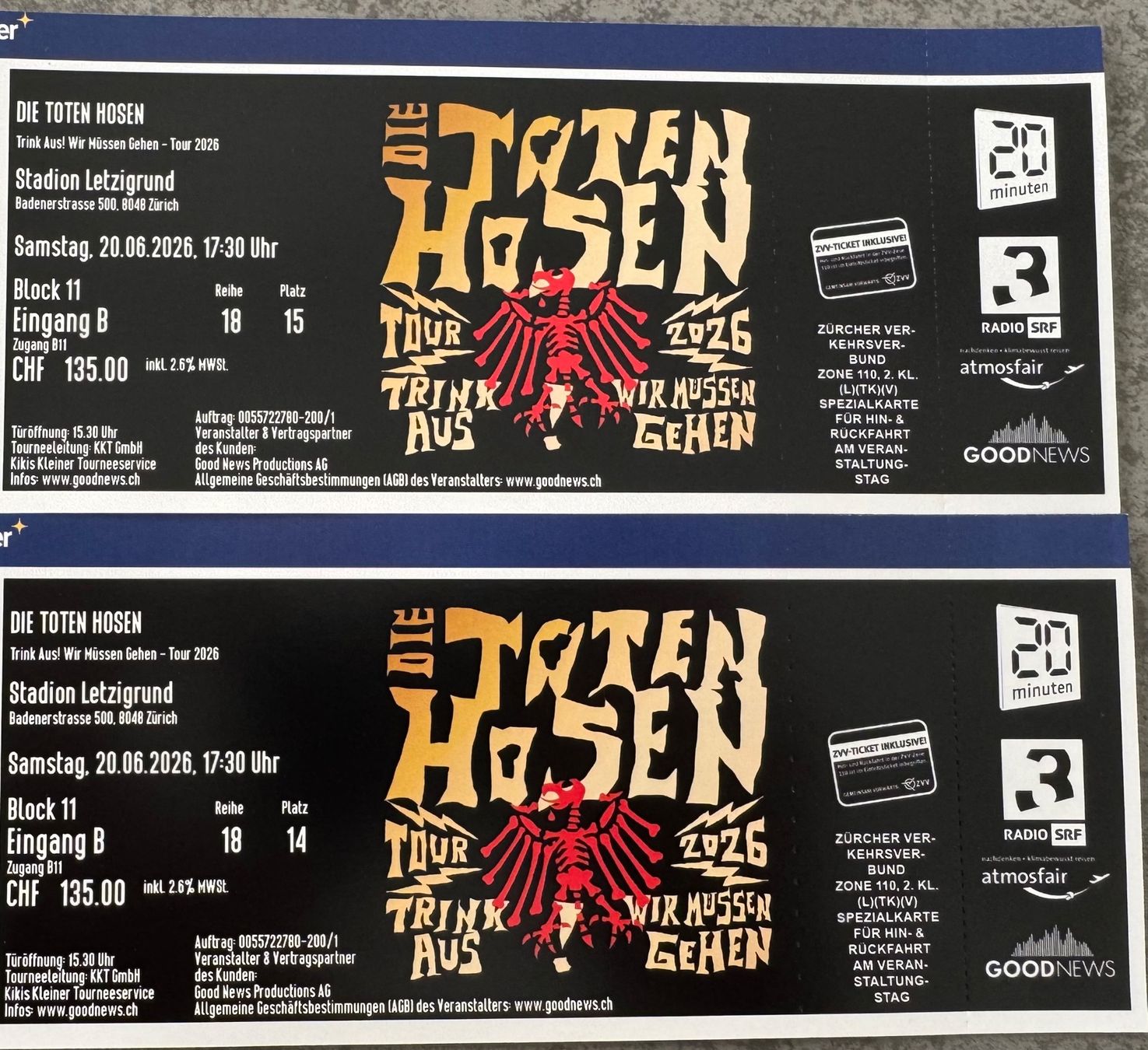 Biglietti: 2 Sitzplatz-Tickets Toten Hosen – Usato da Windlach venduto da Swissboxster