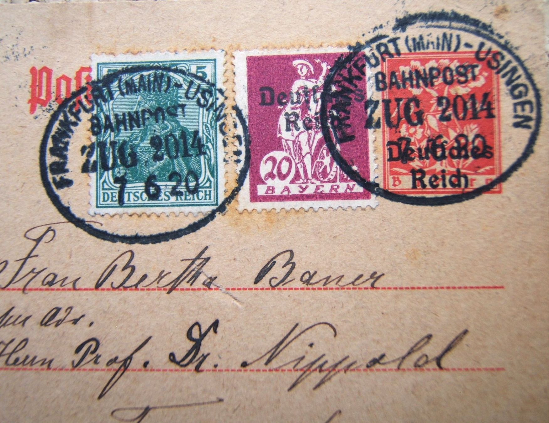 Alle Briefmarken: PK REICHSPOST MIT BAHNPOSTSTEMPEL FRANKFURT - USINGEN 1920 – Gebraucht aus Brunnen von Nonne04 1
