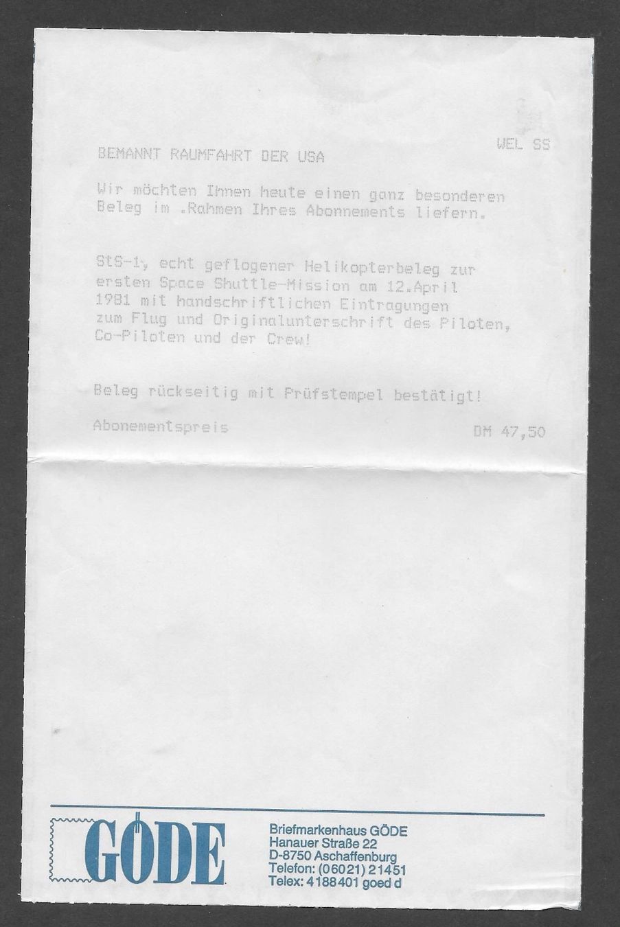 Tutti i francobolli: USA Sonderbrief 1. Space Shuttle Helikopterflug 12.4.1981 – Nuovo (secondo la descrizione) da Olten venduto da clotaldi 1