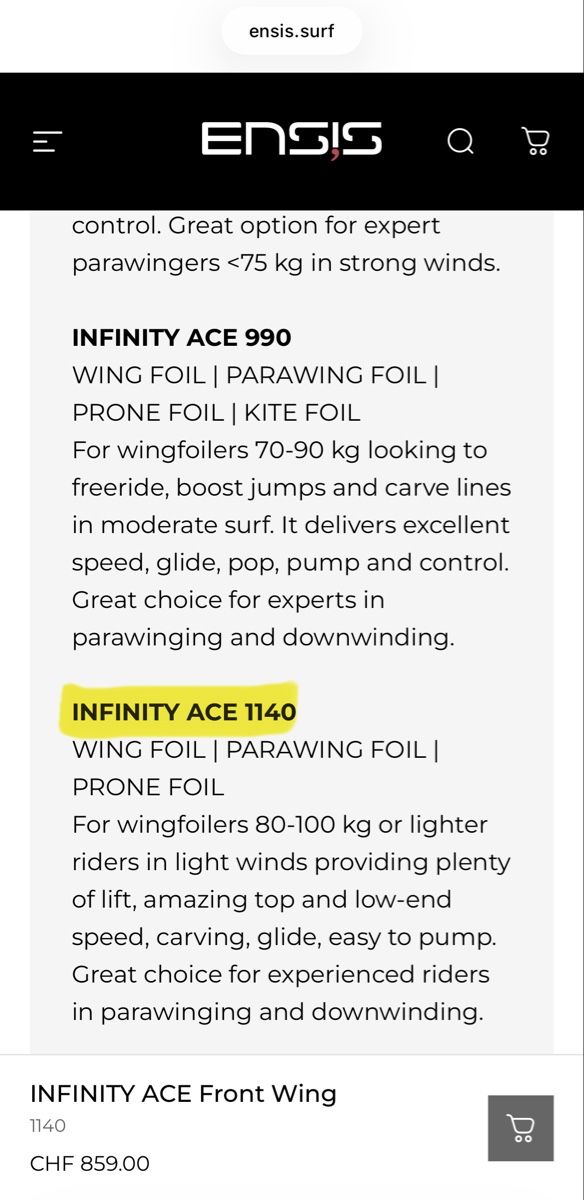 Aquilone: Ensis Foil FrontWing Infinity ACE 1140 – Nuovo (secondo la descrizione) da Oberwil-Lieli venduto da Cobra808 2