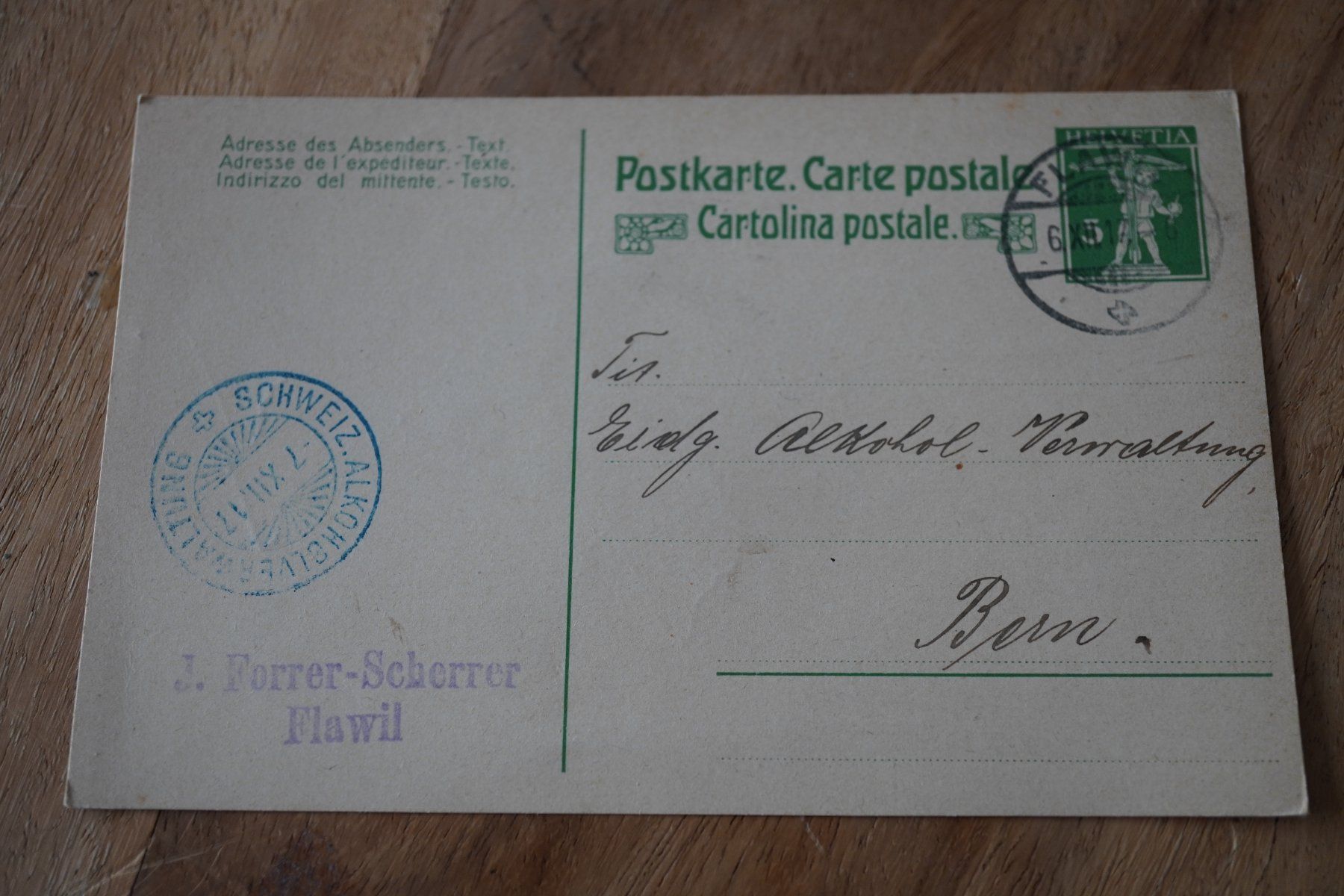 Cartoline postali: Schweiz  Alkoholverwaltung  1917 Postkarte – Usato da Eschenbach SG venduto da craniums 2