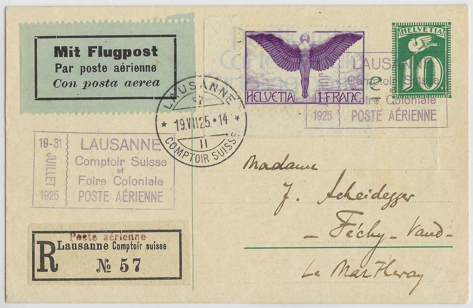 Tutti i francobolli: 1925 Postkarte-Flugpost Comptoir Suisse SF 25.5 – Usato da Morgarten venduto da mech58