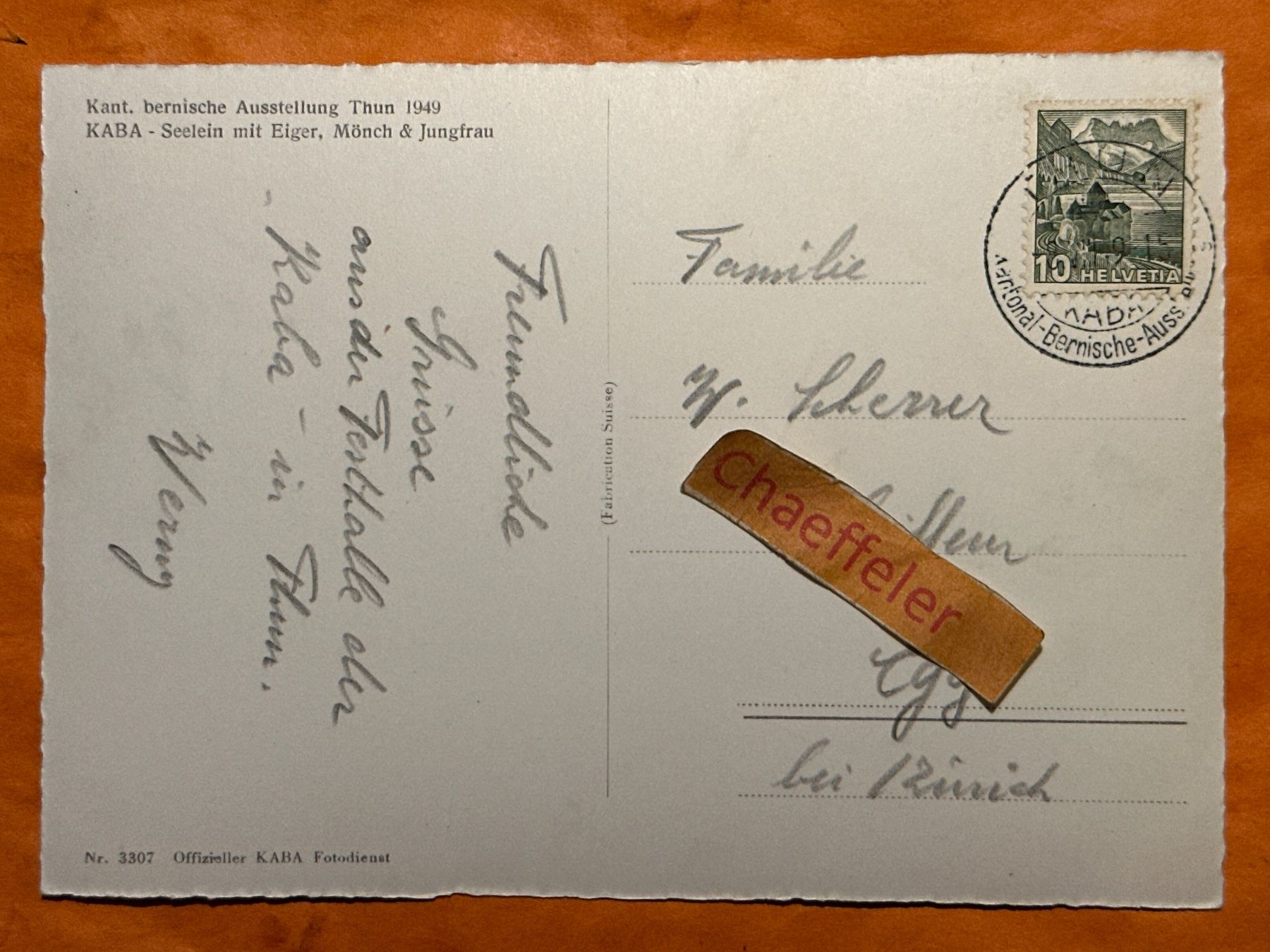 Ansichtskarten: 1949 Thun Kant, BE Ausst.1949, Kaba-Seelein mit Eiger, Mönch – Gebraucht aus Zürich von Chaeffeler 1