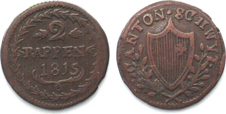 Tutti le monete: SCHWYZ 2 Rappen 1815 Billon – Usato da Riehen venduto da sesambestcoins2004