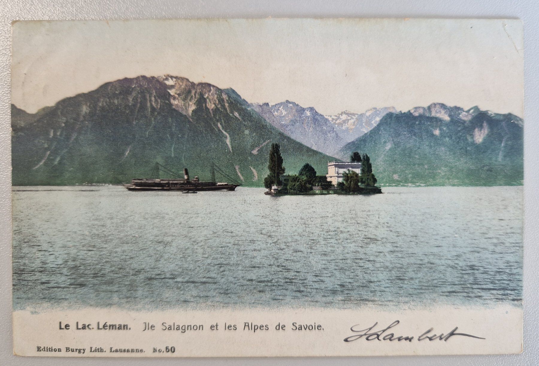 Cartoline postali: Genfersee, Île de Salagnon  mit Dampfschiff 1906 – Usato da Melchnau venduto da Fishel