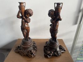 Paire Bougeoirs Putti Bois Sculpté Fin 19ème