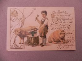 Karte Motiv Humor mit Schwein Sau 1903 Neujahr mit Schmied