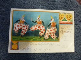 Litho,Gruss vom Carneval,Köln,3 Pierrots,Masken,Bahnstempel