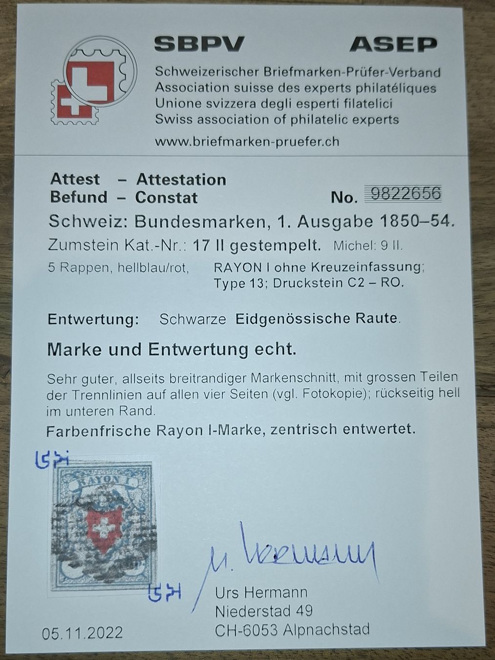 Tutti i francobolli: Rayon Nr. 17II Typ 13 C2 - RO + Attest – Usato da Balgach venduto da SIMEON27 2