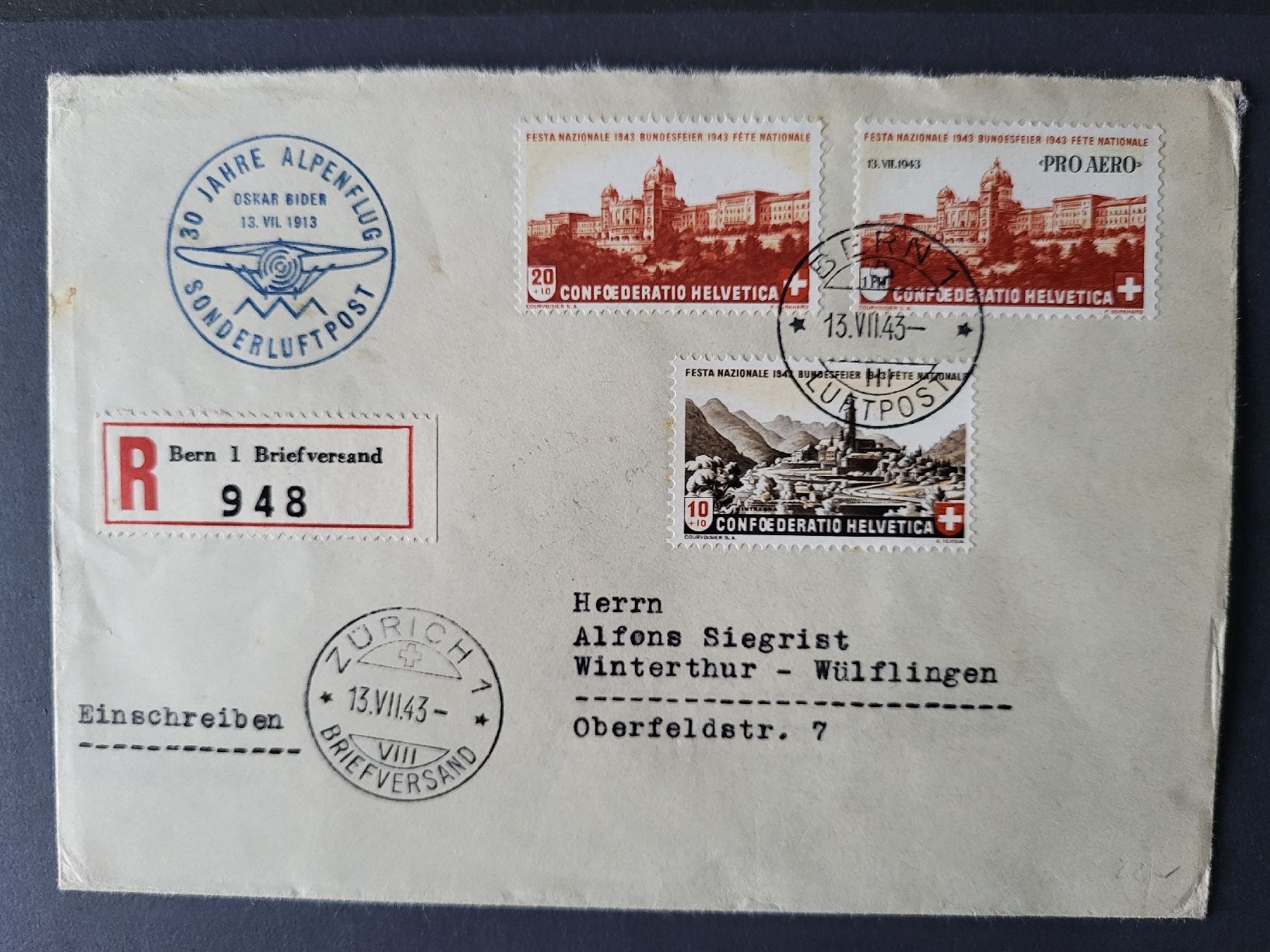 Tutti i francobolli: 1943, Flugpostbeleg nach Winterthur / ET – Usato da stäfa venduto da brandy66