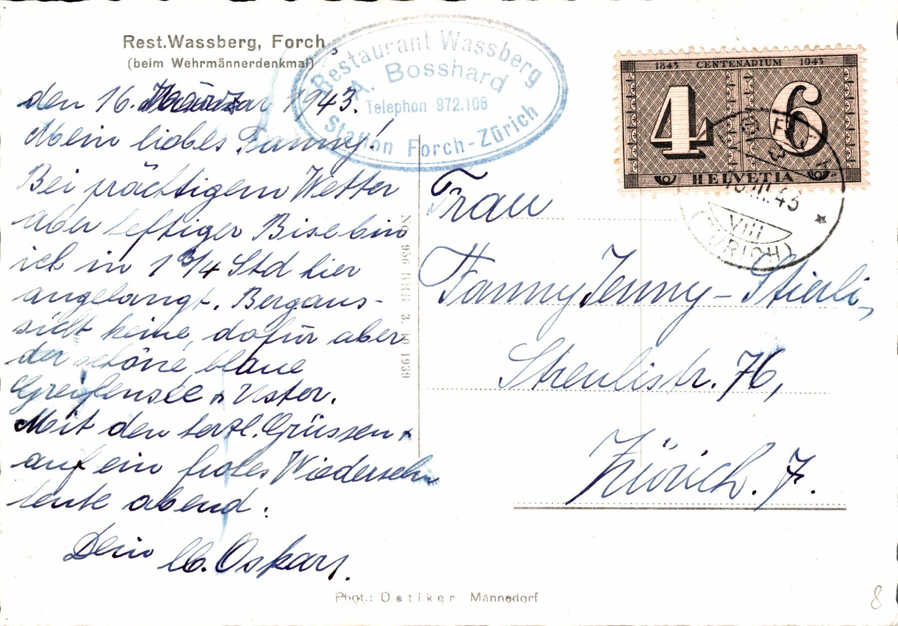 Cartoline postali: Restaurant Wasserberg, Forch – Usato da Bronschhofen venduto da Astore 1