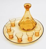1 Karaffe 6 Gläser Digestif bernsteinfarbig Antik Vintage