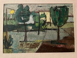 Abstraktes Landschafts-Ölgemälde, gerahmt, Mid-Century-Modus