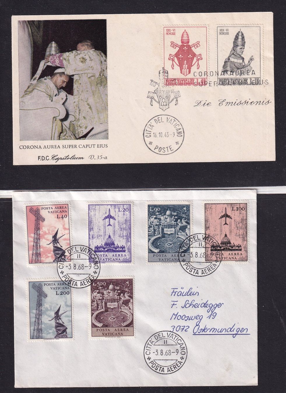Alle Briefmarken: 2 documents Poste Vaticane - 1963 + 1968 – Gebraucht aus Orvin von Pyaeschli