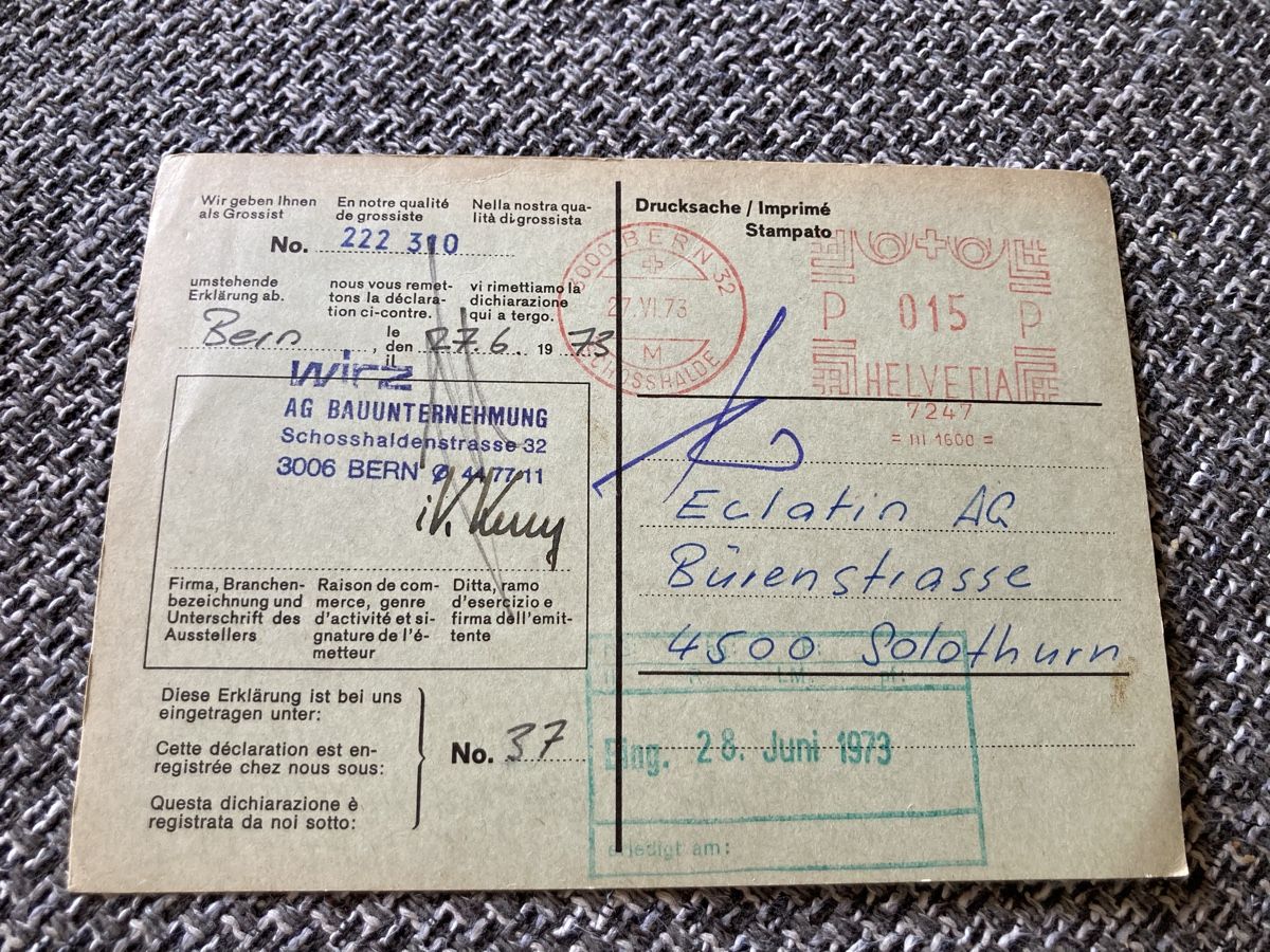Documenti: Historisches Dokument: Swiss Declaration 1973 - Solothurn60 – Usato da Wichtrach venduto da Queensparkunite