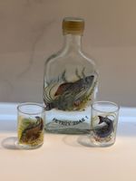 Wintage Set, Glas Flachmann mit 2 Gläser mit Fisch Bemalung