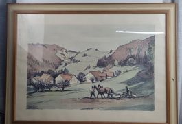 Schönes Gemälde Alpenlandschaft mit Bauern antik