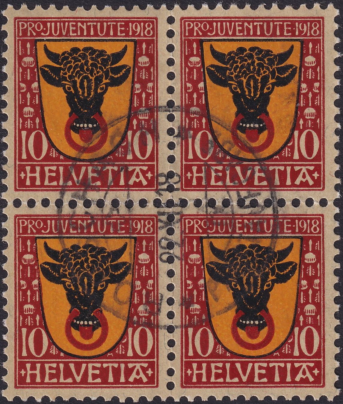 Alle Briefmarken: 1918, J10 Viererblock mit Stempel RORSCHACH. Kat: 440.-+ – Gebraucht aus Sursee von Luzernerraute