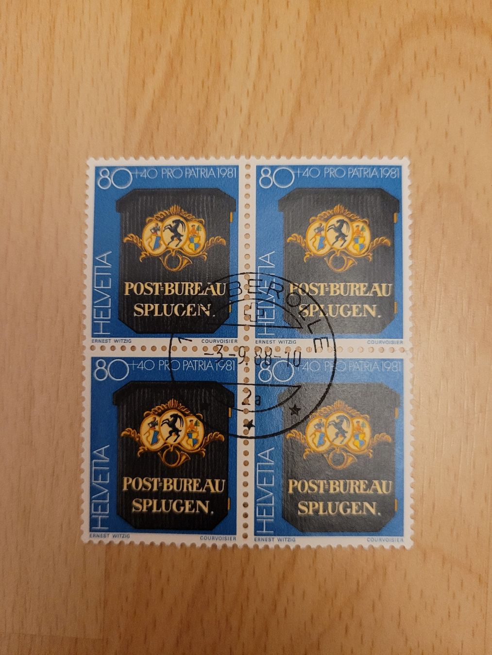 Alle Briefmarken: Briefmarken 4er Block Helvetia – Gebraucht aus Inwil von Flower2325