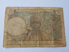 Alte 5 Francs 1943, Banknote - Seltenes Sammlerstück!