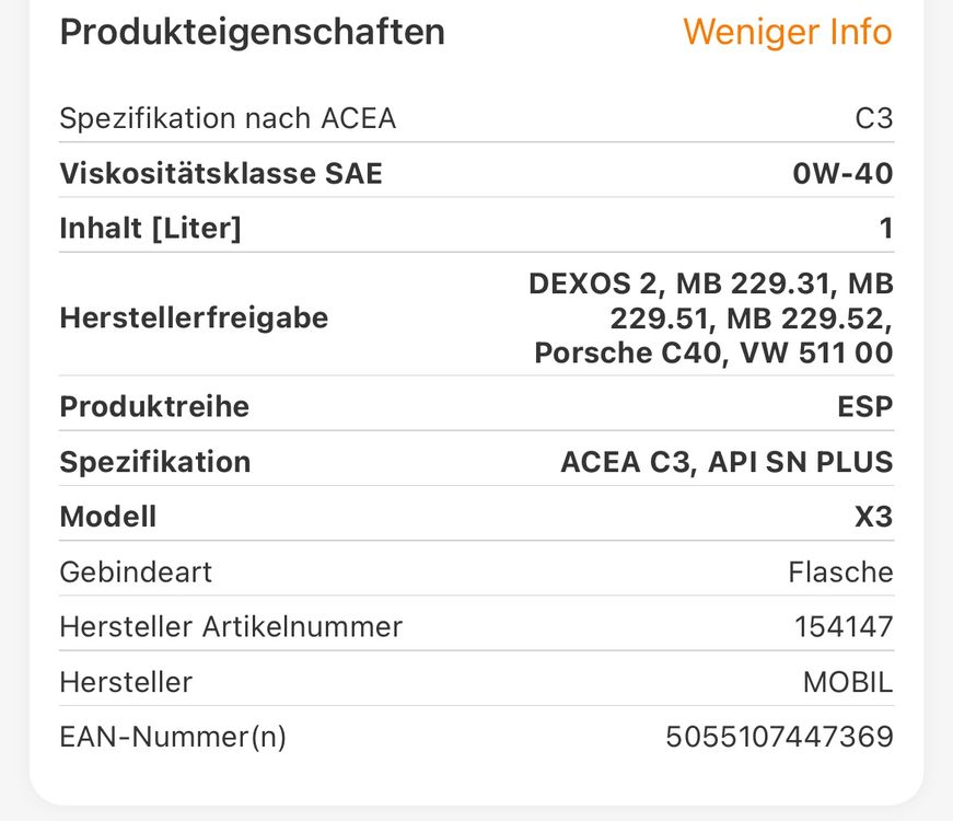 Motorenöl Mobil 0W40, ACEA C3 für Porsche Spez. C40 Kaufen auf Ricardo
