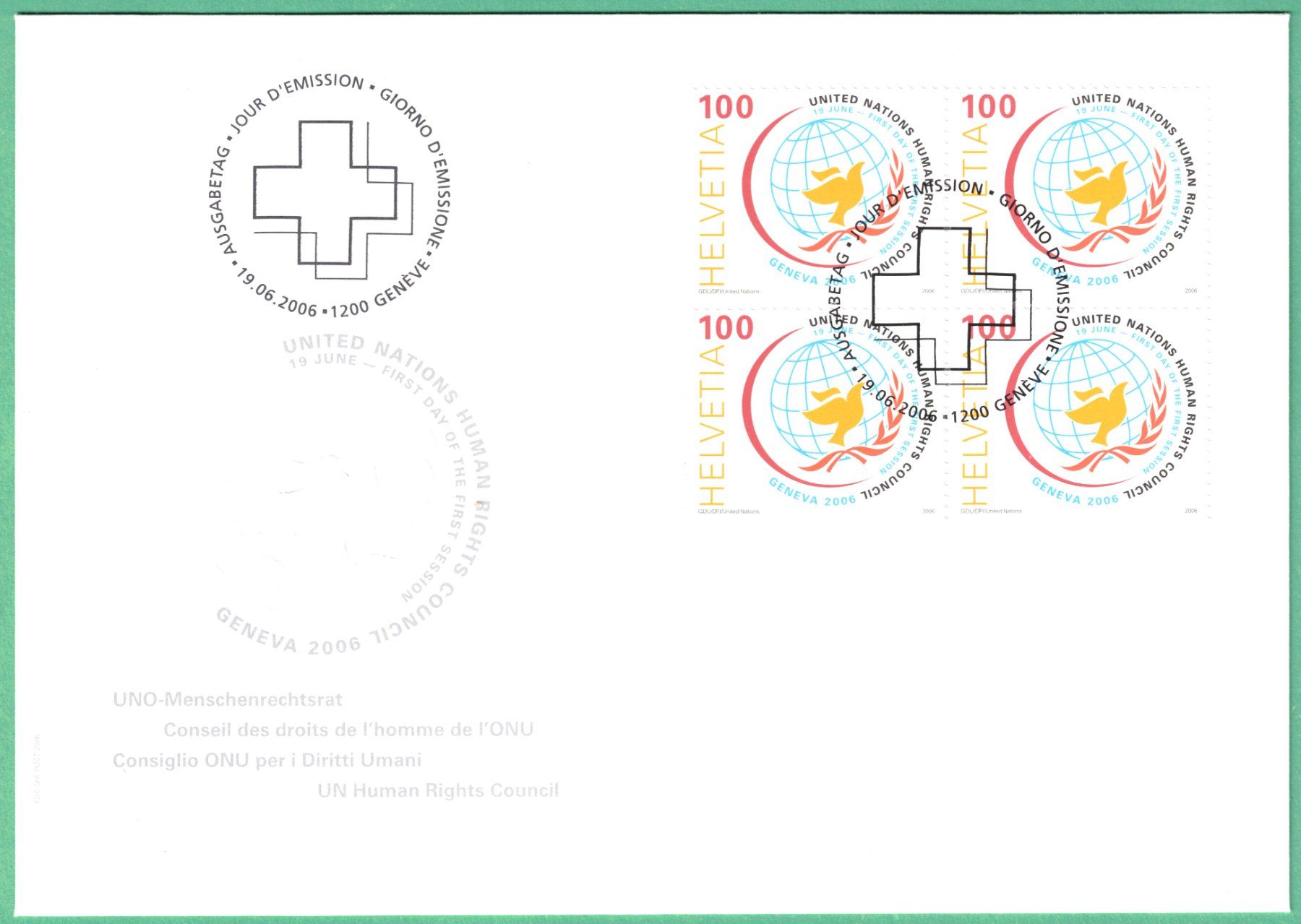 Tutti i francobolli: 2006  4 Block  FDC   UNO Menschenrechte – Usato da Mellingen venduto da Ginger