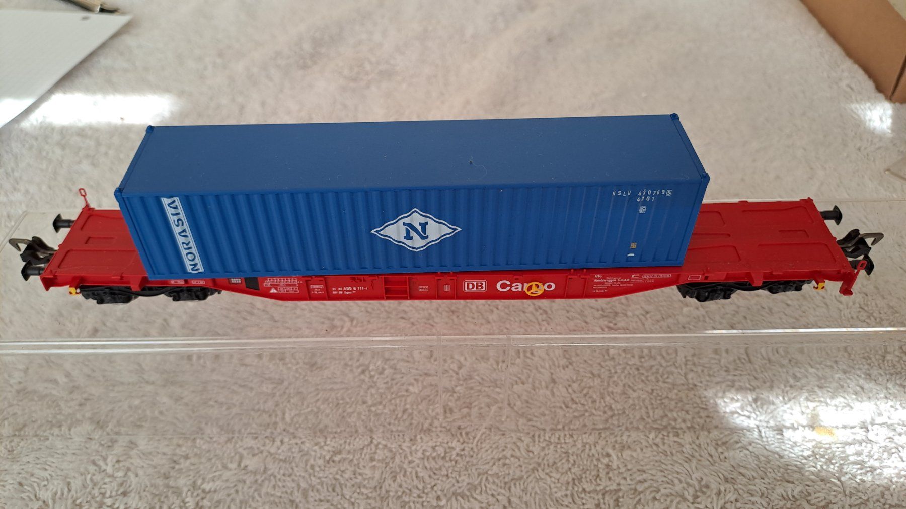 Fleischmann Modellini di ferrovie: Fleischmann 5249 Niederflurwagen Cargo mit Container H0 GL – Usato da Winterthur venduto da Riebeli333 2