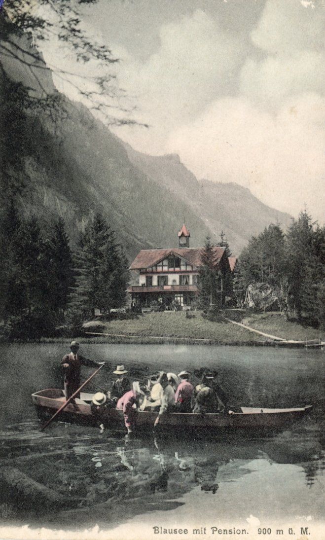 Cartoline postali: Blausee   BE  mit Pension  -  Bootsfahrt      ca.  1 9 1 7 – Usato da Brig venduto da Valcards54