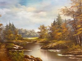 134.5cm breit x74cmhoch, Ölgemälde Flusslandschaft im Herbst
