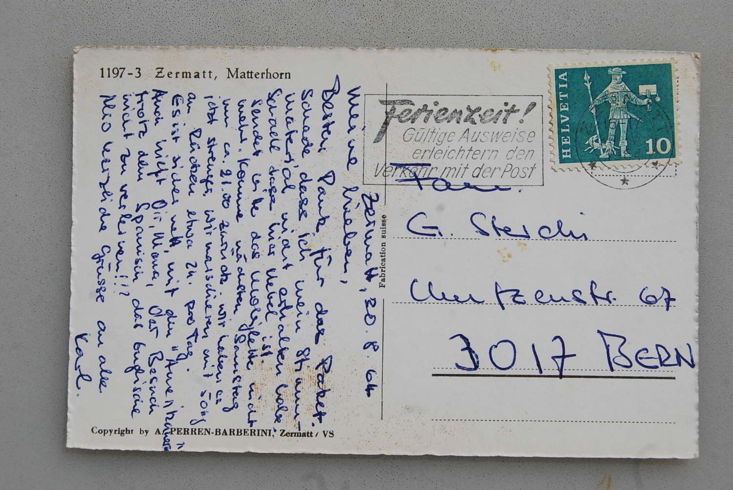 Cartoline postali: AK Zermatt, Matterhorn 1964 – Usato da Rüfenacht BE venduto da Toro06 1