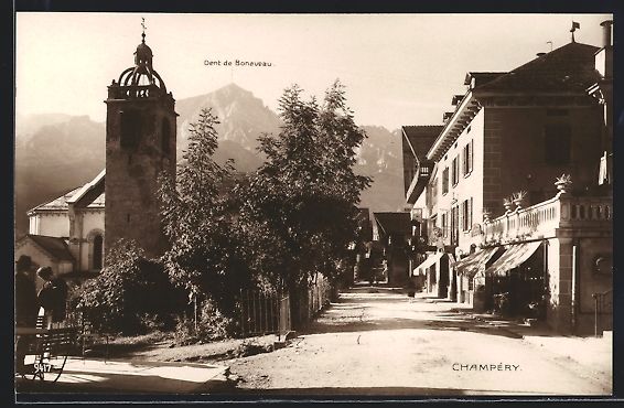 Ansichtskarten: AK Champery, Strassenpartie mit Kirche – Gebraucht aus Berlin von bartko-reher