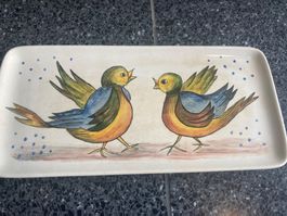 Vintage Keramik Platte mit Vogelmotiv, Handbemalt