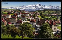 AK Herisau, Ortsansicht mit Bergen im Hintergrund
