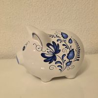 Vintage Sparschwein aus Keramik, blau-weisses Blumenmuster