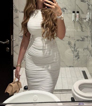 White bodycon midi dress textured fabric used