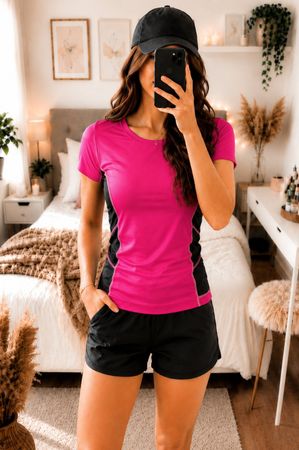 Damen Sport T-Shirt Pink Schwarz – Fitness Running Top