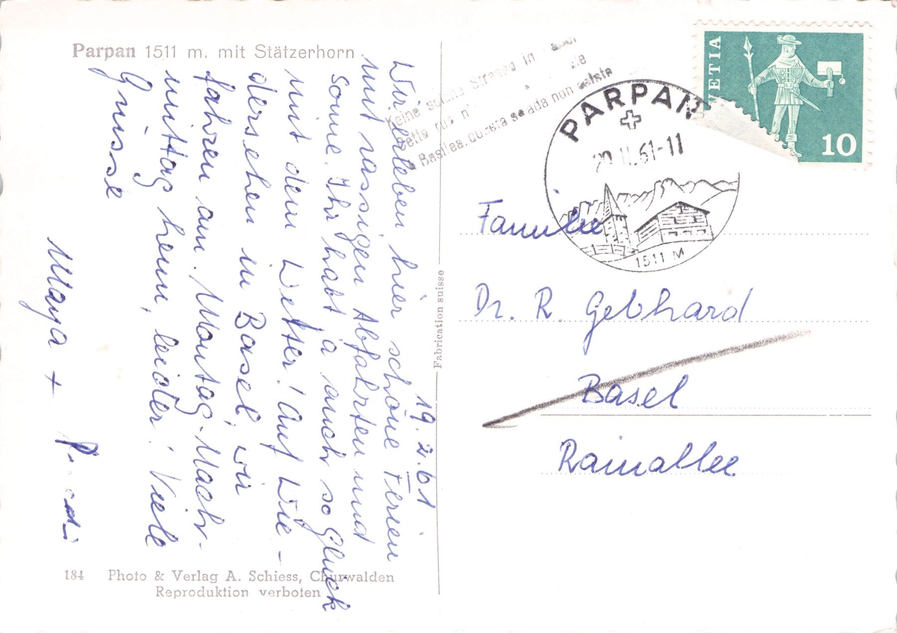 Cartes postales: Parpan GR // 1961 Schnee Dorf Stätzerhorn – D'occasion à Basel par intermezzo12 1