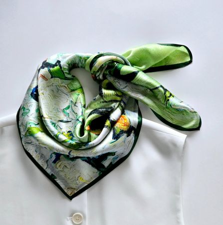 New 68cm 100% Silk Scarf, Green White Floral Abstract Paint
