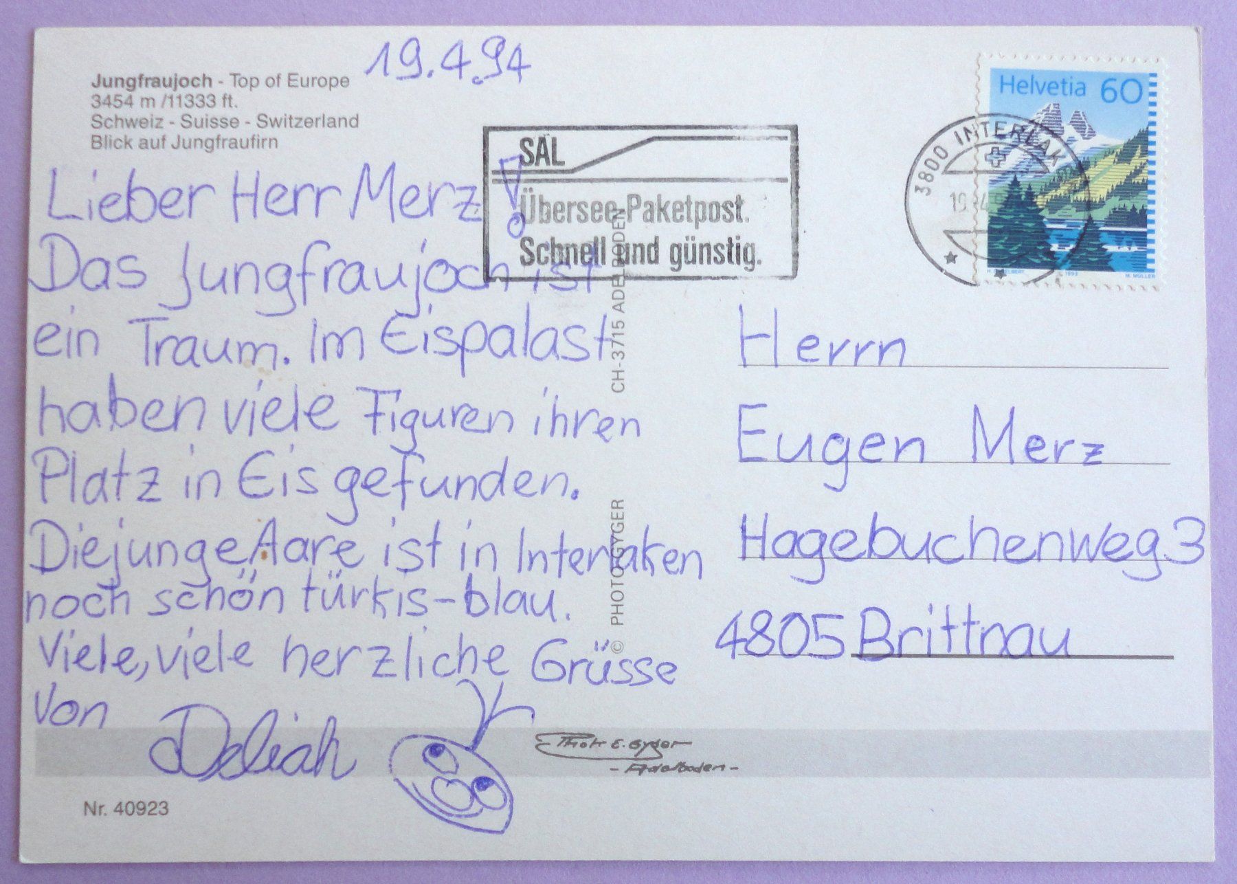 Cartoline postali: Jungfraujoch 3454 m – Usato da Fétigny venduto da Billy2miny 1