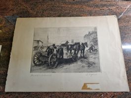 Alte Kupferradierung Pferden & Wagen, S. Sigrist