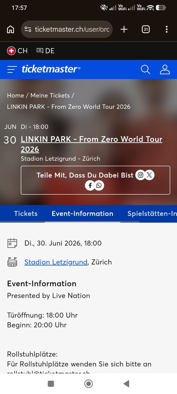 Biglietti: 4x Tickets Linking Park 30. Juni, Letzigrund – Nuovo (secondo la descrizione) da Bremgarten AG venduto da sak_2gqb